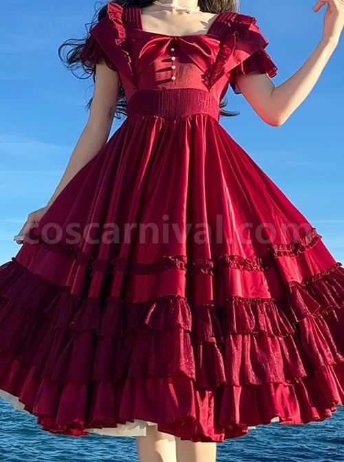 French-Court-Elegant-Solid-Color-Square-Neck-Bow-Ruffled-Large-Skirt-Hem-Chiffon-Classic-Lolita-Short-Sleeved-Dress-coscarnival-2763