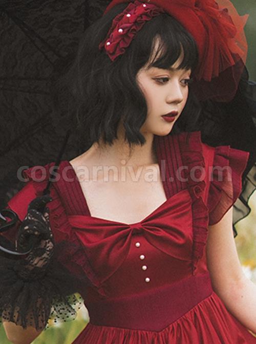 French-Court-Elegant-Solid-Color-Square-Neck-Bow-Ruffled-Large-Skirt-Hem-Chiffon-Classic-Lolita-Short-Sleeved-Dress-coscarnival-2784