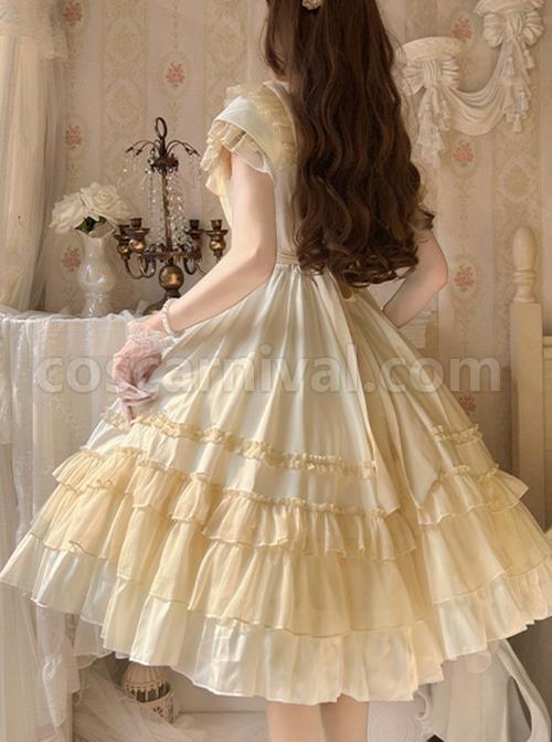French-Court-Elegant-Solid-Color-Square-Neck-Bow-Ruffled-Large-Skirt-Hem-Chiffon-Classic-Lolita-Short-Sleeved-Dress-coscarnival-2799