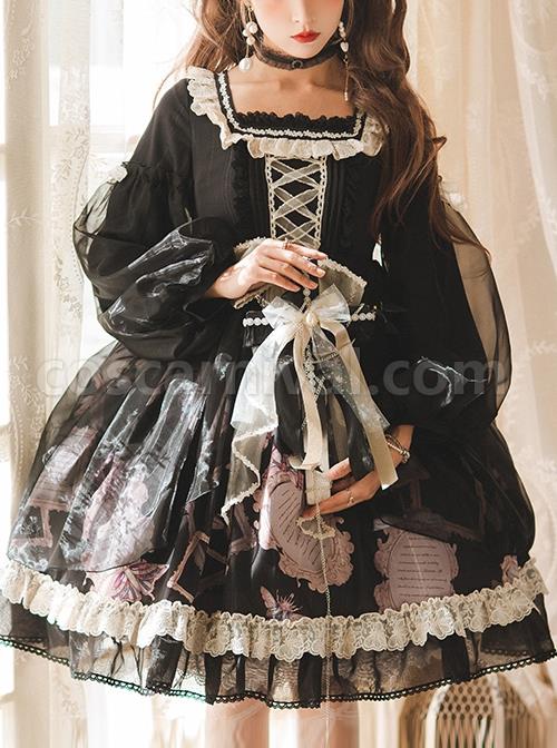 Gem Insect Series OP Printing Darkness Elegant Gothic Lolita Black Long Sleeve Dress coscarnival