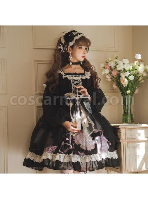 Gem Insect Series OP Printing Darkness Elegant Gothic Lolita Black Long Sleeve Dress coscarnival