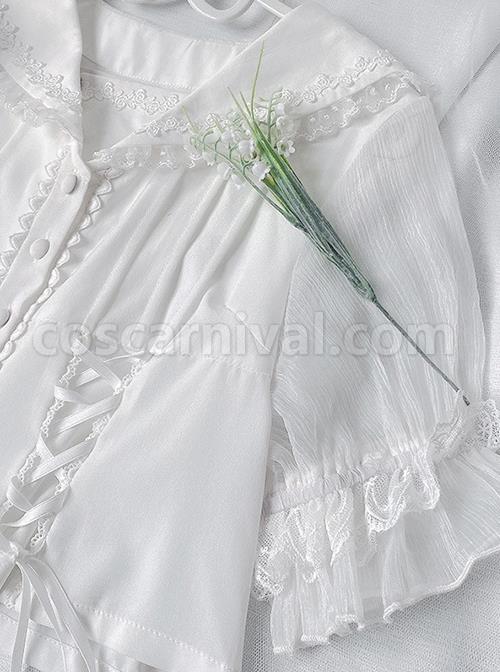 Gentle And Simple Cute Rabbit Ears Decorated Navy Square Neck Hem Cross Rope White Short Sleeve Blouse coscarnival