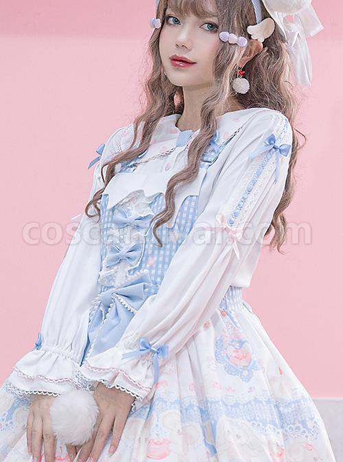 Girlish Heart Series Printing Doll Collar Sweet Lolita White Long Sleeve Bowknot Shirt coscarnival