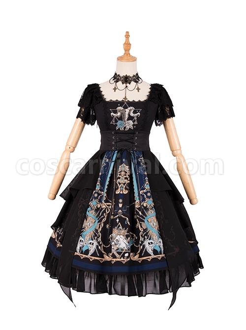 God Redemption Series OP Dark Double Chiffon Pleats Cross Skull Print Black Girdle Design Gothic Lolita Short Sleeve Dress Set coscarnival