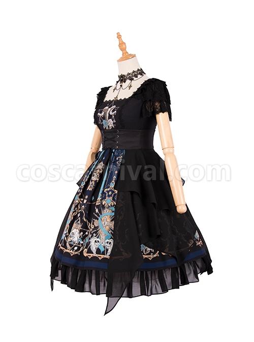 God Redemption Series OP Dark Double Chiffon Pleats Cross Skull Print Black Girdle Design Gothic Lolita Short Sleeve Dress Set coscarnival