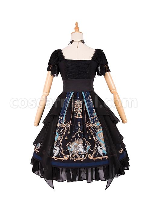 God Redemption Series OP Dark Double Chiffon Pleats Cross Skull Print Black Girdle Design Gothic Lolita Short Sleeve Dress Set coscarnival