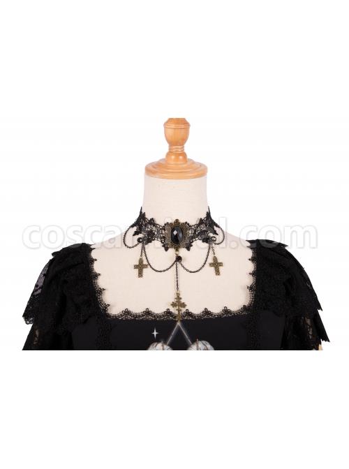 God Redemption Series OP Dark Double Chiffon Pleats Cross Skull Print Black Girdle Design Gothic Lolita Short Sleeve Dress Set coscarnival