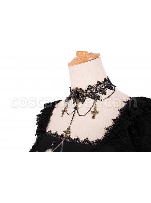 God Redemption Series OP Dark Double Chiffon Pleats Cross Skull Print Black Girdle Design Gothic Lolita Short Sleeve Dress Set coscarnival