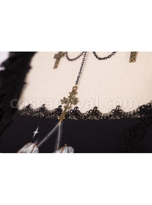 God Redemption Series OP Dark Double Chiffon Pleats Cross Skull Print Black Girdle Design Gothic Lolita Short Sleeve Dress Set coscarnival