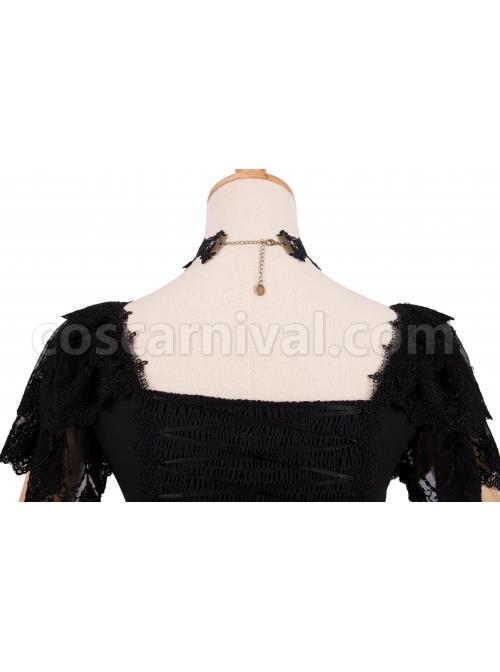 God Redemption Series OP Dark Double Chiffon Pleats Cross Skull Print Black Girdle Design Gothic Lolita Short Sleeve Dress Set coscarnival