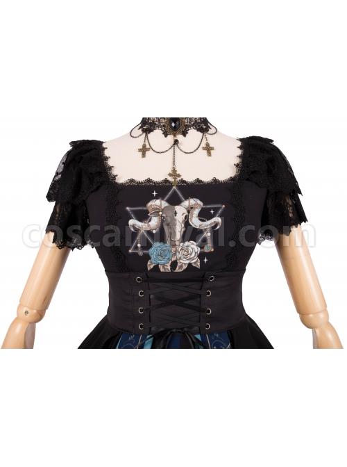 God Redemption Series OP Dark Double Chiffon Pleats Cross Skull Print Black Girdle Design Gothic Lolita Short Sleeve Dress Set coscarnival