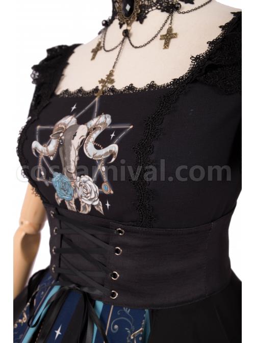 God Redemption Series OP Dark Double Chiffon Pleats Cross Skull Print Black Girdle Design Gothic Lolita Short Sleeve Dress Set coscarnival