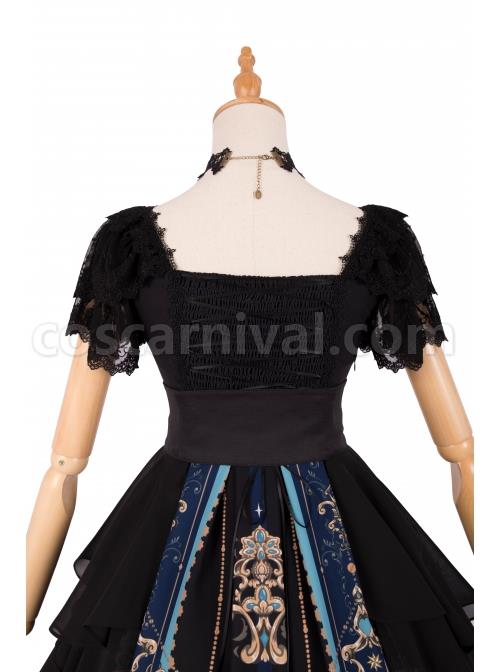 God Redemption Series OP Dark Double Chiffon Pleats Cross Skull Print Black Girdle Design Gothic Lolita Short Sleeve Dress Set coscarnival