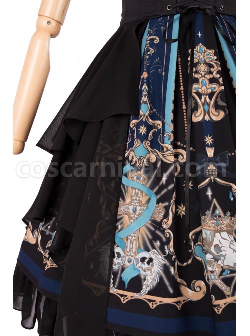 God Redemption Series OP Dark Double Chiffon Pleats Cross Skull Print Black Girdle Design Gothic Lolita Short Sleeve Dress Set coscarnival
