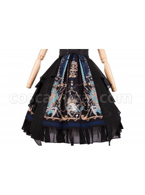 God Redemption Series OP Dark Double Chiffon Pleats Cross Skull Print Black Girdle Design Gothic Lolita Short Sleeve Dress Set coscarnival