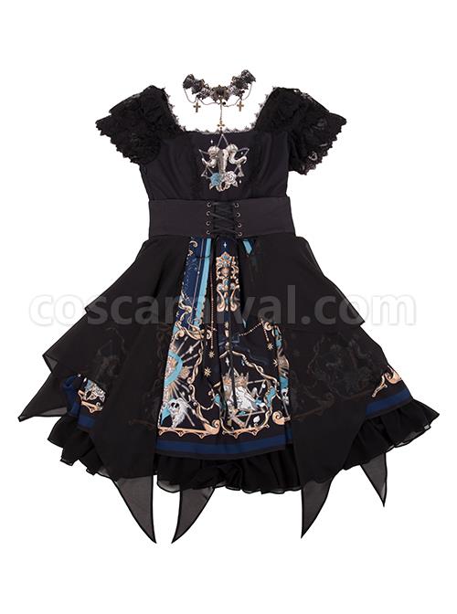 God Redemption Series OP Dark Double Chiffon Pleats Cross Skull Print Black Girdle Design Gothic Lolita Short Sleeve Dress Set coscarnival