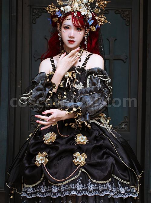 Golden Lily Series JSK Retro Elegant Palace Style Gothic Lolita Black And Golden Sling Dress coscarnival