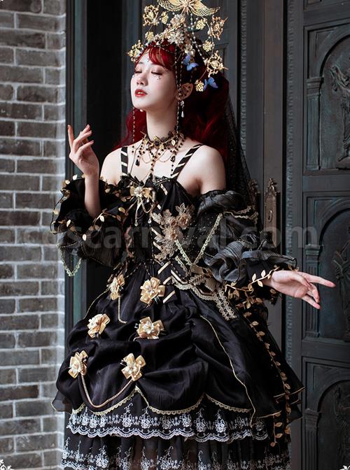 Golden Lily Series JSK Retro Elegant Palace Style Gothic Lolita Black And Golden Sling Dress coscarnival