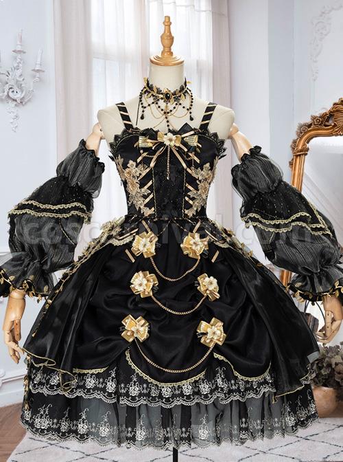 Golden Lily Series JSK Retro Elegant Palace Style Gothic Lolita Black And Golden Sling Dress coscarnival