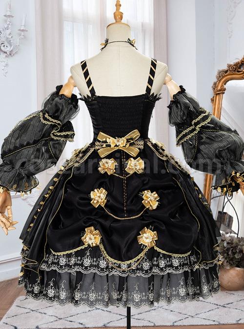 Golden Lily Series JSK Retro Elegant Palace Style Gothic Lolita Black And Golden Sling Dress coscarnival