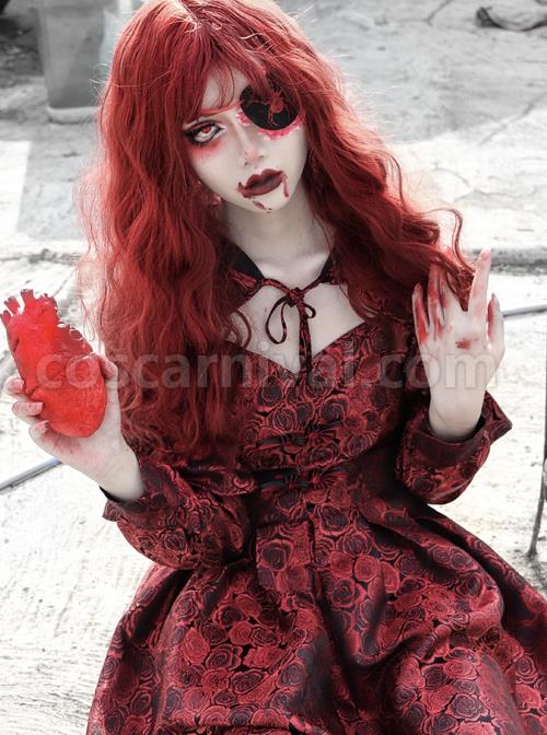 Gothic Bloody Red Rose Printing Long Sleeve Dress coscarnival