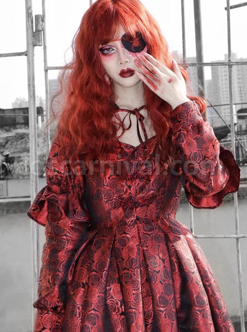 Gothic Bloody Red Rose Printing Long Sleeve Dress coscarnival