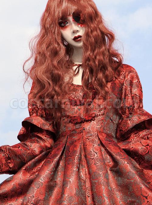 Gothic Bloody Red Rose Printing Long Sleeve Dress coscarnival