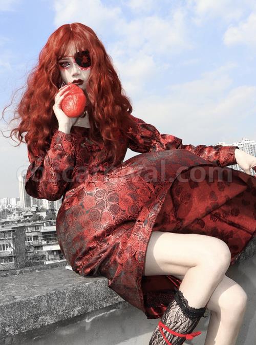 Gothic Bloody Red Rose Printing Long Sleeve Dress coscarnival