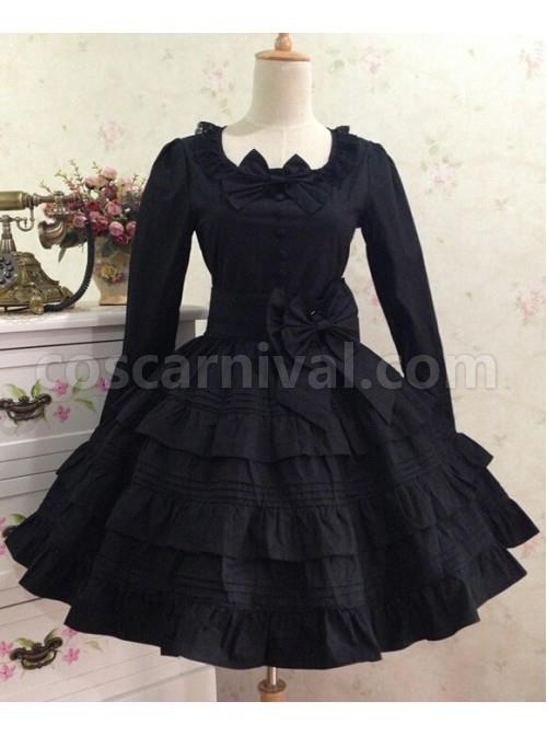 Gothic Long Sleeves Black Cotton Lolita Dress coscarnival