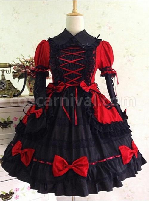 Gothic Long Sleeves Red And Black Lace Cotton Lolita Dress coscarnival