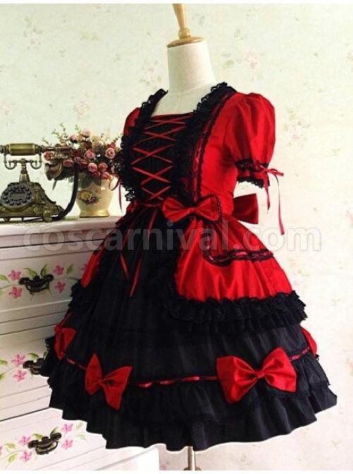 Gothic Long Sleeves Red And Black Lace Cotton Lolita Dress coscarnival