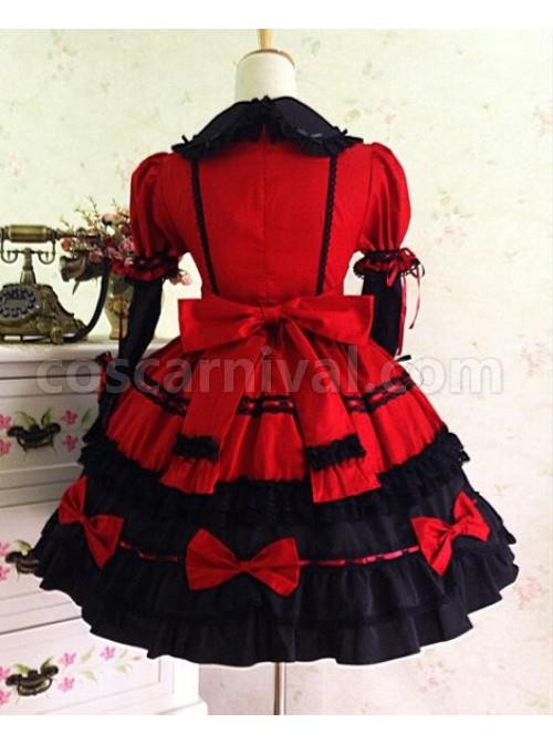Gothic Long Sleeves Red And Black Lace Cotton Lolita Dress coscarnival