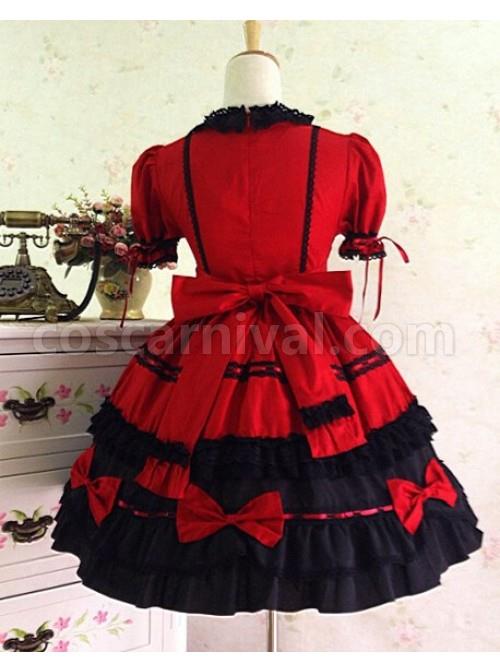 Gothic Long Sleeves Red And Black Lace Cotton Lolita Dress coscarnival