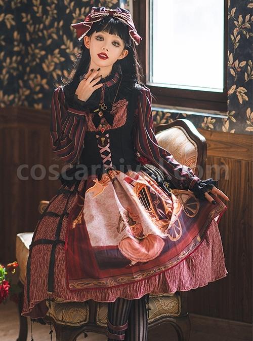 Gothic Strange Circus Skeleton Pattern Print Trim Tight Velvet Vest Pleated Hem Cross Straps Belt Lolita Dress coscarnival