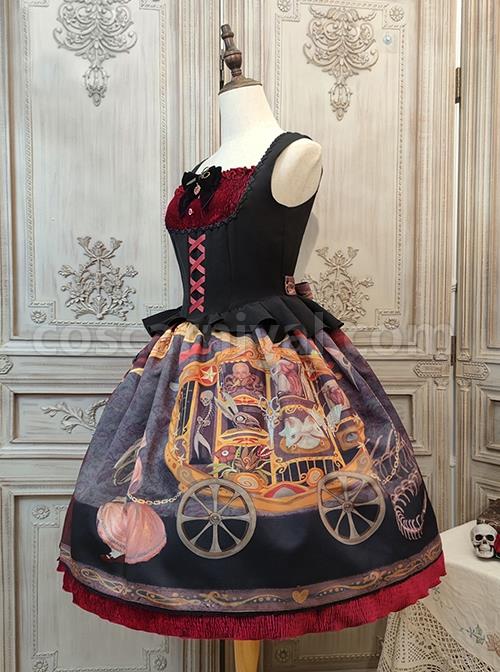 Gothic Strange Circus Skeleton Pattern Print Trim Tight Velvet Vest Pleated Hem Cross Straps Belt Lolita Dress coscarnival