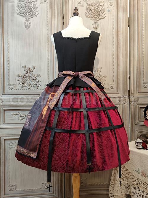 Gothic Strange Circus Skeleton Pattern Print Trim Tight Velvet Vest Pleated Hem Cross Straps Belt Lolita Dress coscarnival