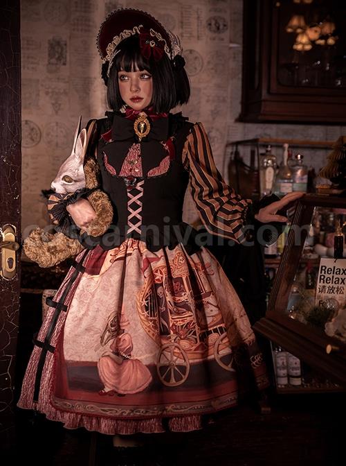 Gothic Strange Circus Skeleton Pattern Print Trim Tight Velvet Vest Pleated Hem Cross Straps Belt Lolita Dress coscarnival