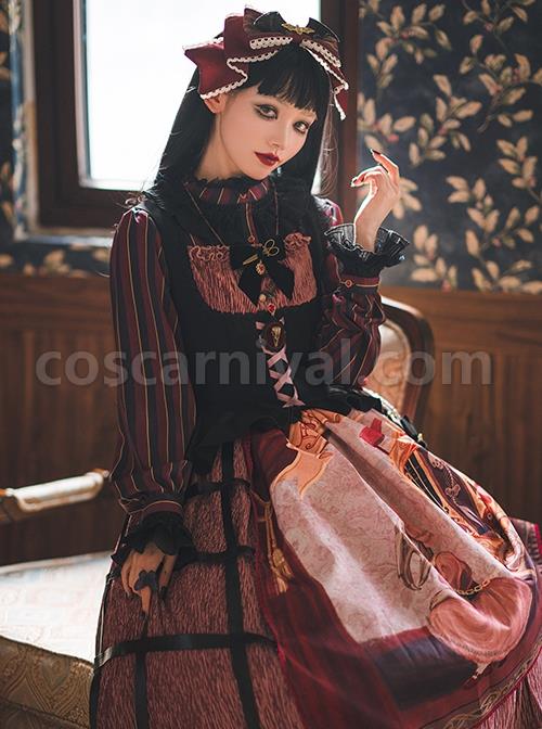 Gothic Strange Circus Skeleton Pattern Print Trim Tight Velvet Vest Pleated Hem Cross Straps Belt Lolita Dress coscarnival