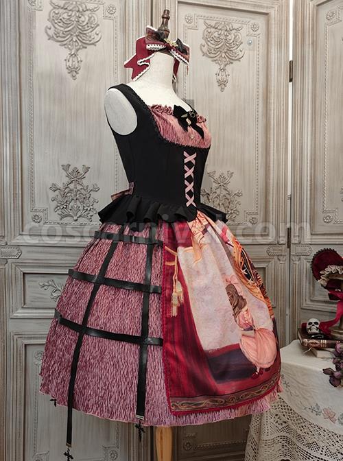 Gothic Strange Circus Skeleton Pattern Print Trim Tight Velvet Vest Pleated Hem Cross Straps Belt Lolita Dress coscarnival