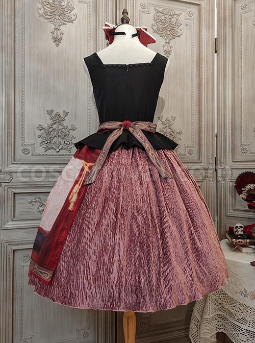Gothic Strange Circus Skeleton Pattern Print Trim Tight Velvet Vest Pleated Hem Cross Straps Belt Lolita Dress coscarnival