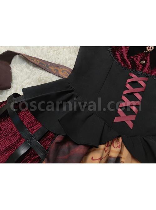 Gothic Strange Circus Skeleton Pattern Print Trim Tight Velvet Vest Pleated Hem Cross Straps Belt Lolita Dress coscarnival