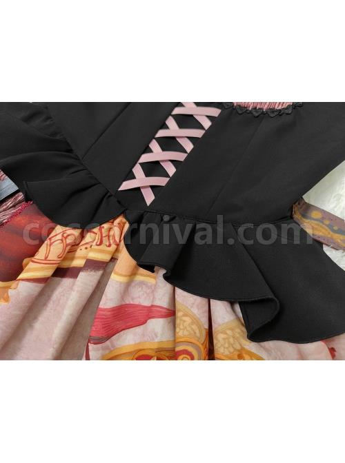 Gothic Strange Circus Skeleton Pattern Print Trim Tight Velvet Vest Pleated Hem Cross Straps Belt Lolita Dress coscarnival