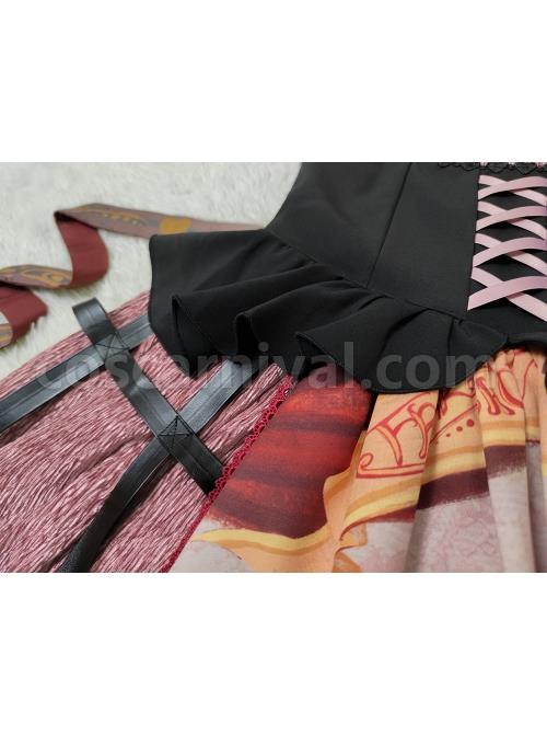 Gothic Strange Circus Skeleton Pattern Print Trim Tight Velvet Vest Pleated Hem Cross Straps Belt Lolita Dress coscarnival