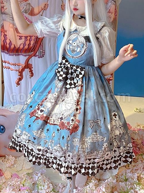 Gothic Style Alice Poker Black-White Plaid Printing Gray Blue Gothic Lolita Sleeveless Dress coscarnival