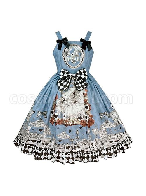 Gothic Style Alice Poker Black-White Plaid Printing Gray Blue Gothic Lolita Sleeveless Dress coscarnival