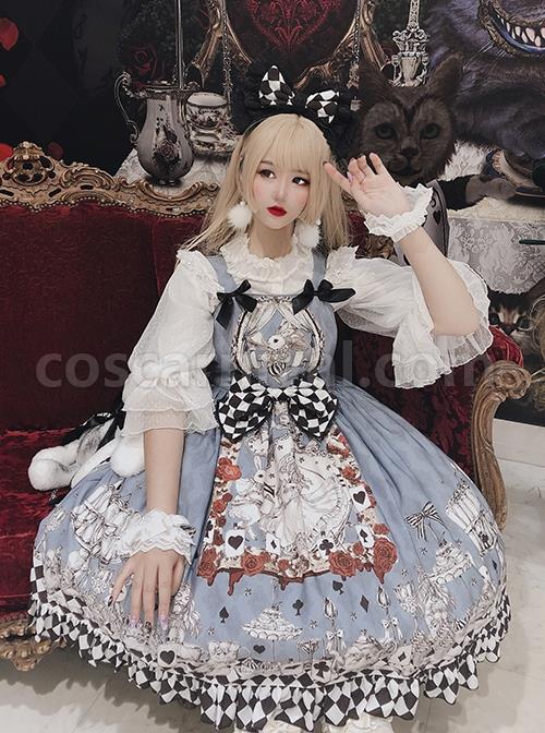 Gothic Style Alice Poker Black-White Plaid Printing Gray Blue Gothic Lolita Sleeveless Dress coscarnival