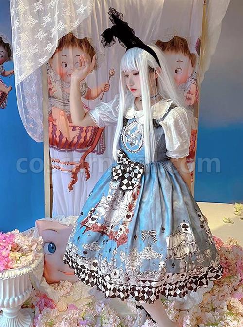 Gothic Style Alice Poker Black-White Plaid Printing Gray Blue Gothic Lolita Sleeveless Dress coscarnival