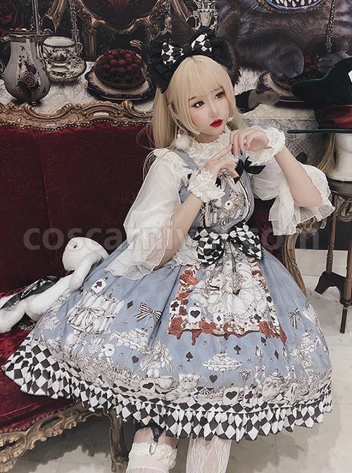 Gothic Style Alice Poker Black-White Plaid Printing Gray Blue Gothic Lolita Sleeveless Dress coscarnival