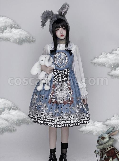 Gothic Style Alice Poker Black-White Plaid Printing Gray Blue Gothic Lolita Sleeveless Dress coscarnival