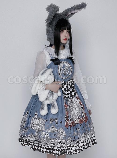 Gothic Style Alice Poker Black-White Plaid Printing Gray Blue Gothic Lolita Sleeveless Dress coscarnival